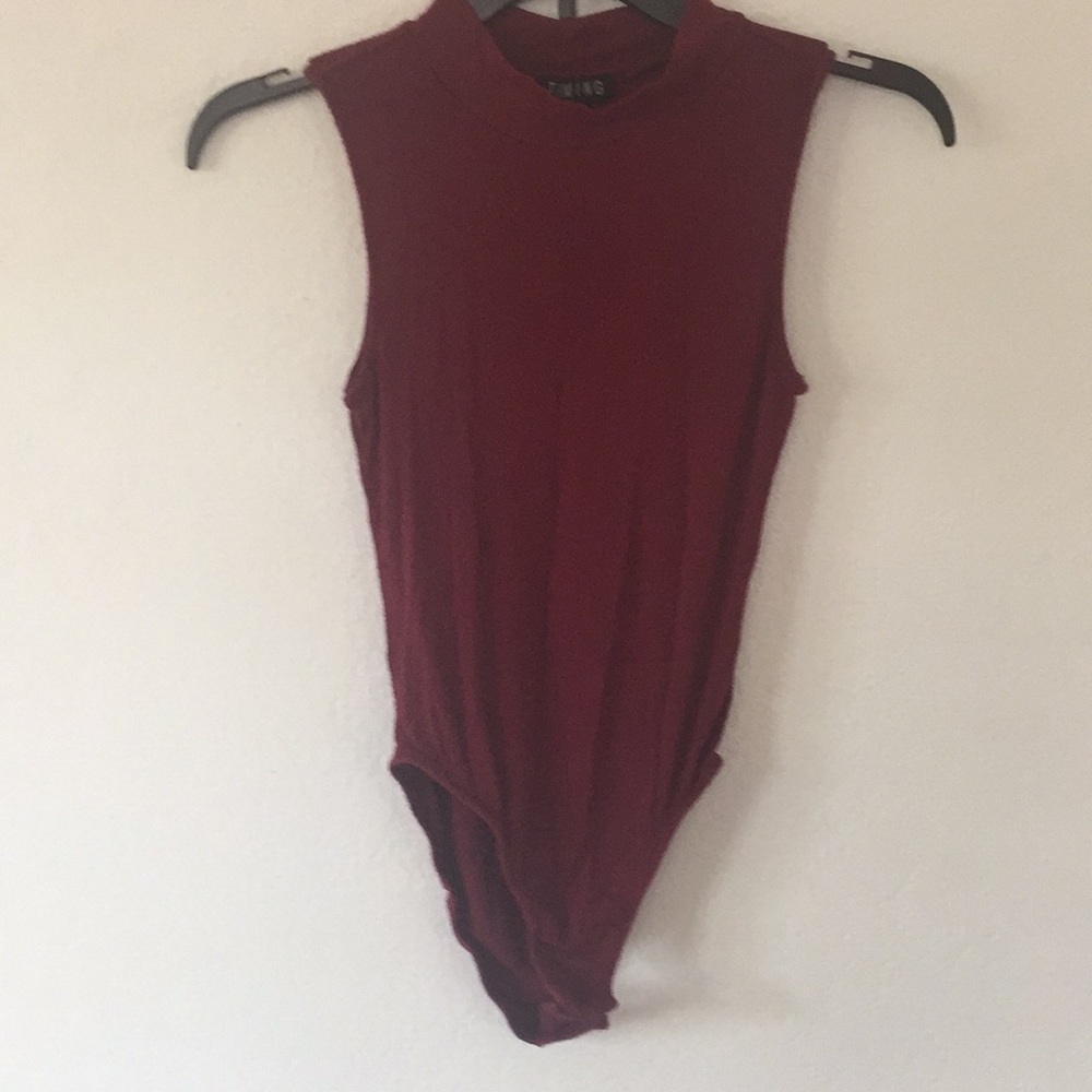 Burgundy sleeveless mock turtleneck bodysuit